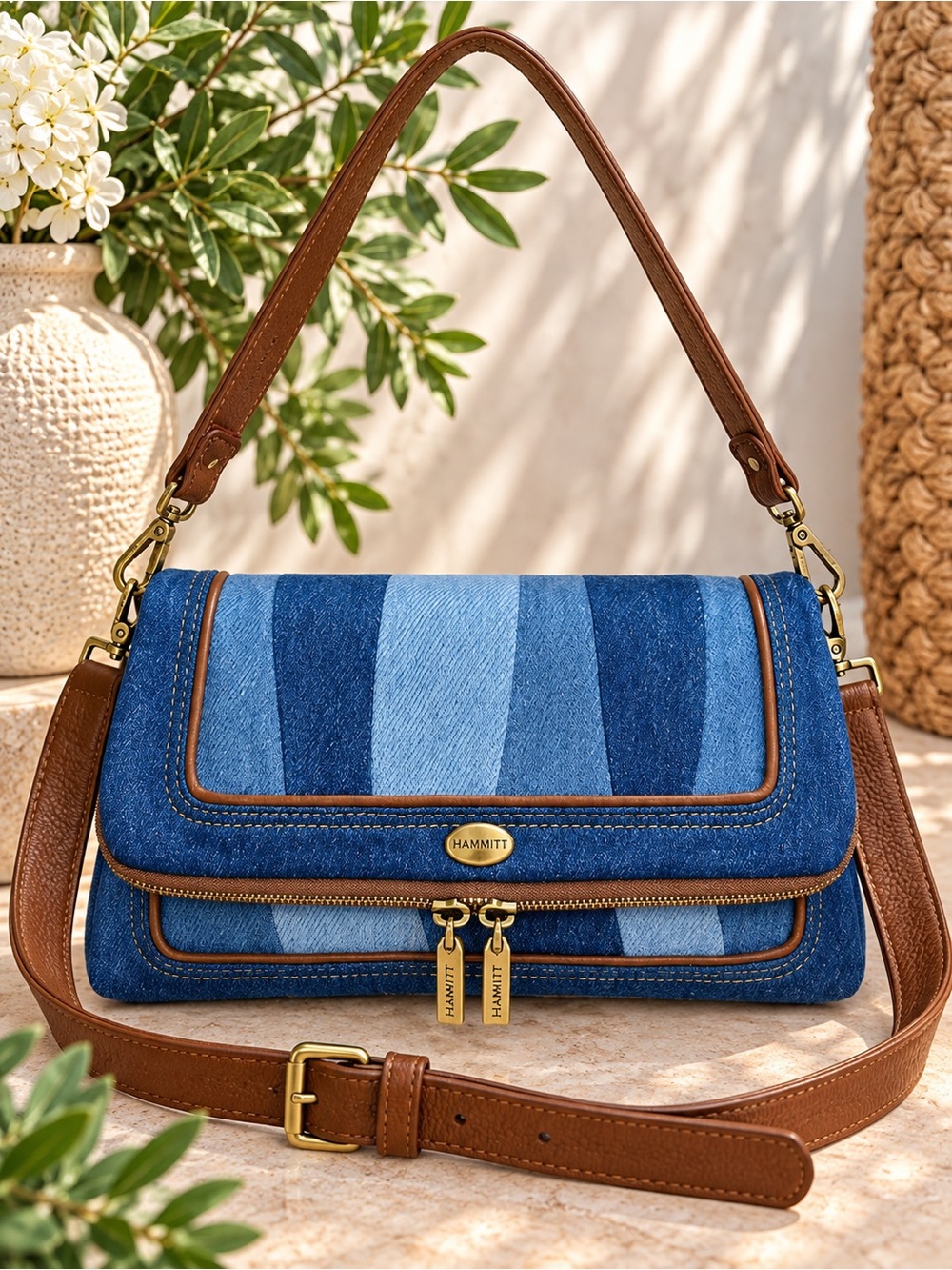 Hammitt Beverly Medium Denim Striped Shoulder Crossbody Bag NWT